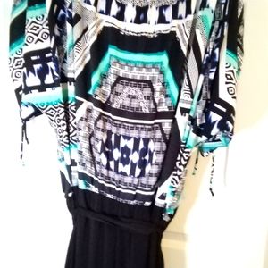 Avenue jumpsuit size 30/32 black palazzo bottom multi teal ,black, white top.